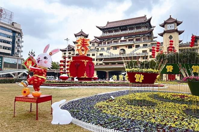 鲜花灯笼齐装扮 红红火火过大年